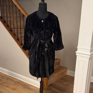 Bizz Elegant Black Faux Fur Coat Button Down with Belt size M